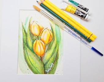 Yellow Tulips Original Color Pencil & Watercolor Painting - Matted 8 x 10"