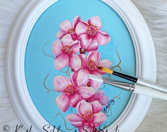 Cherry Blossoms Painting, Original Acrylic Painting, 8 x 10 inch Oval Canvas, Framed