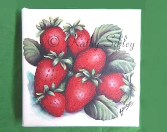 Original Acrylic Strawberry Painting: Foodie Kitchen Art, 6 x 6 Inches Gallery Canvas