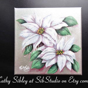 Pintura de flores de Pascua blancas, pintura acrílica original, 20 x 20 cm, lienzo envuelto en galería, arte mural de flores de Pascua, arte navideño con flores de Pascua.