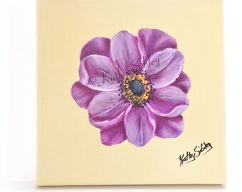 Purple Anemone Painting: Original Acrylic Floral Art, 8x8 inches Gallery Wrapped Canvas