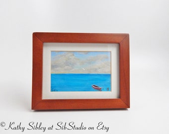 Framed Miniature Boat Painting: Acrylic Seascape Artwork (4.75x3.75 inches)