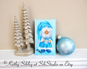 Snowflake Gnome Painting: Original Acrylic Miniature Art, 3 x 5 inches Gallery Wrapped Canvas