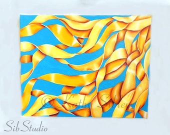 Abstract Yellow Ribbons Painting: Sunshine Sky Blue Original Art, 16 x 20 Inches,  Canvas