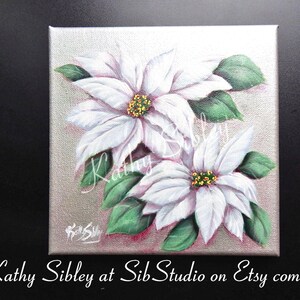 White Poinsettias Acrylic Painting: Christmas Flowers on Silver Canvas, 8 x 8 inches