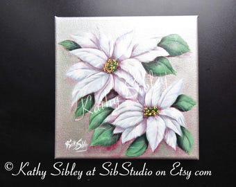 White Poinsettias Acrylic Painting: Christmas Flowers on Silver Canvas, 8 x 8 inches