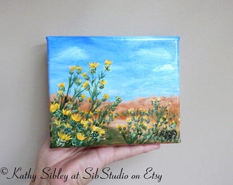 Badlands Thistles Acrylic Painting: Desert Landscape Art, 5 x 6 Inches, Gallery Wrapped Canvas