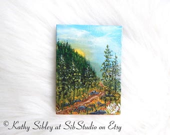 Miniature Sunrise Mountain Painting: Original Acrylic Landscape Art, 3 x 4 inches, Gallery Wrapped Canvas