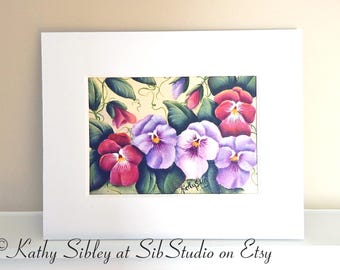 Pansies Acrylic Painting: Floral Still Life, Matted 8x10