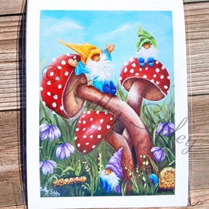 Playing Gnomes 5 x 7&quot; Print, Giclee Print of Original Acrylic Painting, Printed on Archival Canvas Paper
