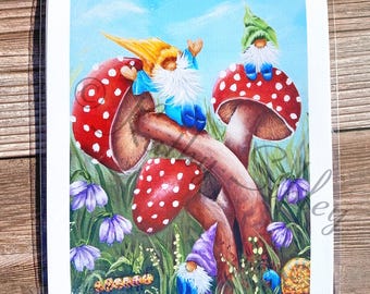 Gnomes at Play Giclée Print: Archival Canvas Paper, 5 x 7", Nursery Art