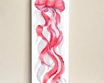 Pink Jellyfish Acrylic Painting: Original Nautical Art, 4 x 12 inches, Gallery Wrapped Canvas