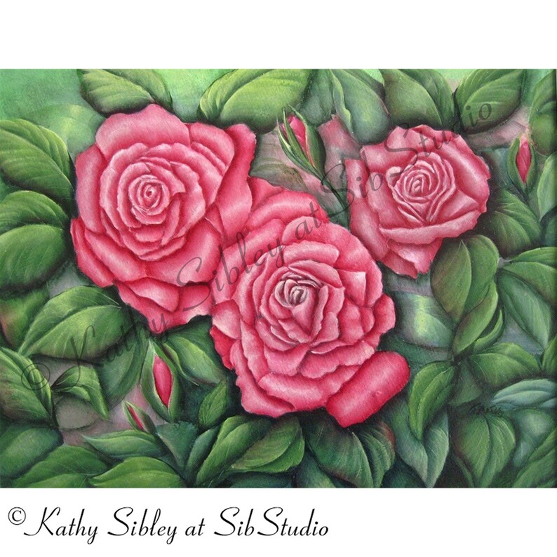 Three Roses Painting, Roses Original Painting, 11 x 14 Matted 16 x 20 inches, Three Pink Roses Acrylic Painting, Pink Rose Home Decor Art image 1