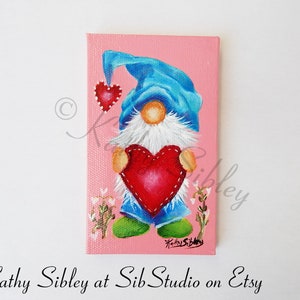 Valentine Gnome Painting, Original Acrylic Painting, 3 x 5 inches, Gnome Mini Artwork, Miniature Gnome Art, Valentine Gnome Table Art