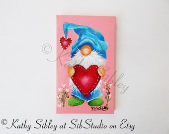 Valentine Gnome Painting: Miniature Acrylic Art, 3 x 5 Inches Gallery Wrapped Canvas