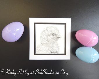 Baby Chick Graphite Drawing: Original Pencil Art, Matted, 5 x 5 inches
