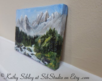 3 x 4 inches Mountain Majestry Painting Miniature Landscape Mountains Forest Mini Artwork Original Acrylic Painting Mountain Table Art