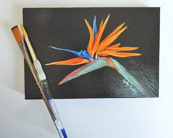 Bird of Paradise Painting: Original Acrylic Floral Art, 19 x 6, Gallery Wrapped Canvas