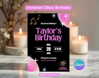 Convite de aniversário retrô disco | Convite editável no Canva (Download digital)