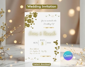 Wedding Invitation Template | Elegant Gold Floral Wedding Invite | Editable Canva Wedding Invitation | Instant Download