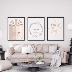 Boho Botanical Wall Art Printable Set of 3 | Minimalist Floral Digital Download | Bloom Wild Grow Poster | Instant Download Home Decor