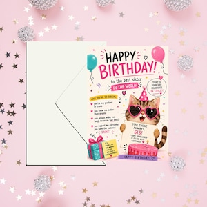 Può includere: Un biglietto d'auguri di compleanno per una sorella con un gatto dei cartoni animati che indossa un cappellino da festa rosa e occhiali da sole a forma di cuore. Il biglietto include il testo Happy Birthday to the best sister in the world e una torta.