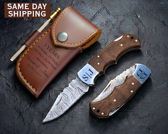 3rd Anniversary Gifts, 3 Year Anniversary Leather Gift for Him, Personalized Leather Anniversary Folding Knife, Leather Sheath for Husband