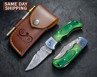 Personalized Green Knife, Handmade Damascus Pocket Knives, Anniversary Gift for Him, Mens Gift Unique, Groomsmen Gift, Boyfriend Birthday