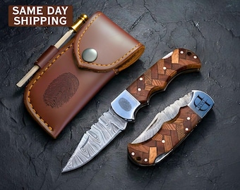 Fingerprint Personalized Knife, Thumbprint Memorial, Handmade Damascus, Custom Pocket Knife, Thumbprint Memory Gift, Anniversary Remembrance