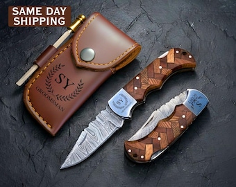 Handmade Pocket Knife Damascus Knife Folding Knife Personalized Gift Groomsman Gift Birthday Anniversary Gift for Him Best Man Usher Unique