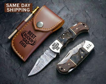 Father's Day Gift for Dad, Personalized  Damascus Pocket Knife, Custom Engraved Hunting Knife with Leather Sheath, Birthday Gift for Husband