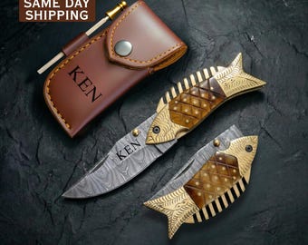 Fish Knife Handmade Damascus Knife Personalized Fish Pocket Knife Folding Knife Groomsmen Gift Fishing Gift for Men Boyfriend Dad Father Him