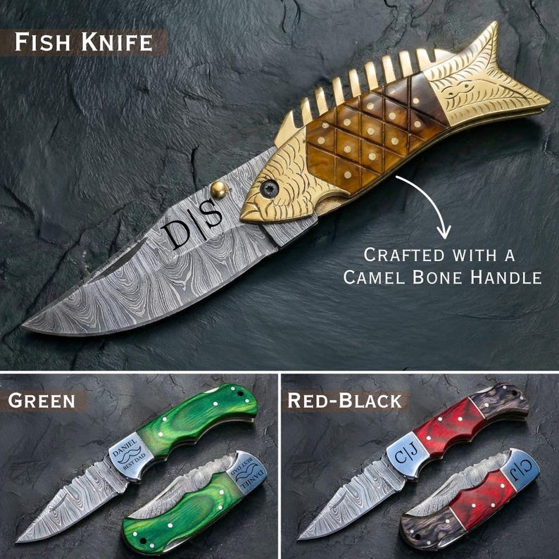 May include: A fish-shaped folding knife with a Damascus steel blade and a camel bone handle. The knife has a gold-colored fish head and tail design. The blade is engraved with the initials "D|S". Below are two additional knives, one green and one red-black.
