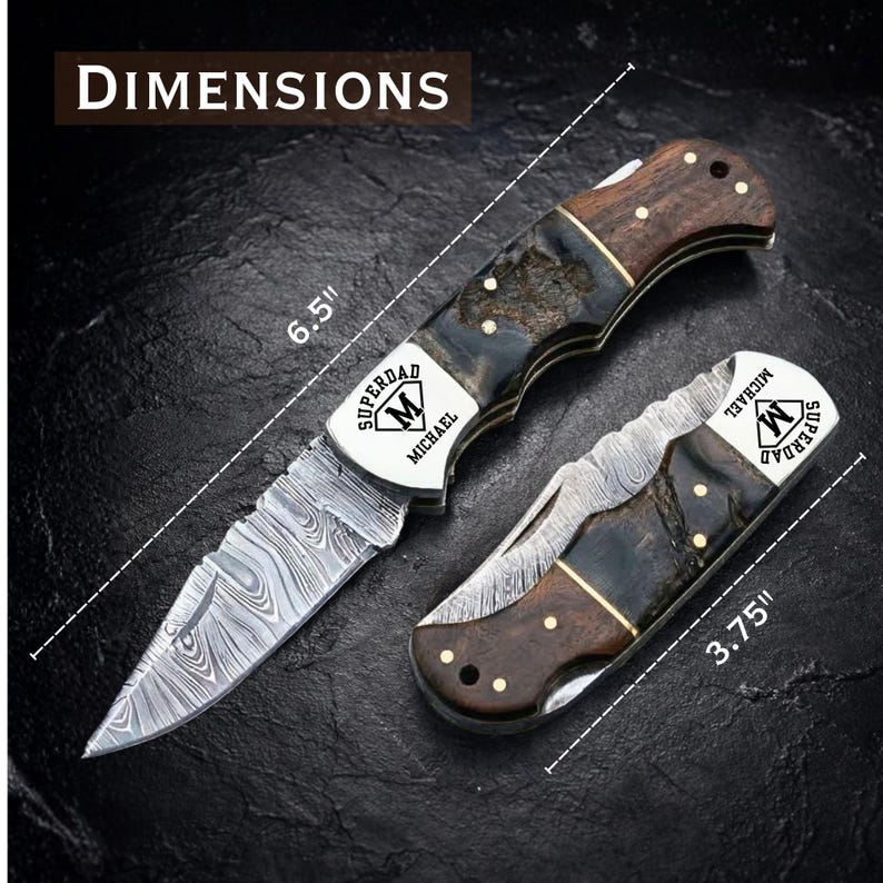May include: Two folding knives, one open and one closed, with wood and metal handles. The open knife is 6.5 inches long, and the closed knife is 3.75 inches long. Both knives have the text "SUPERDAD MICHAEL" on the handle.