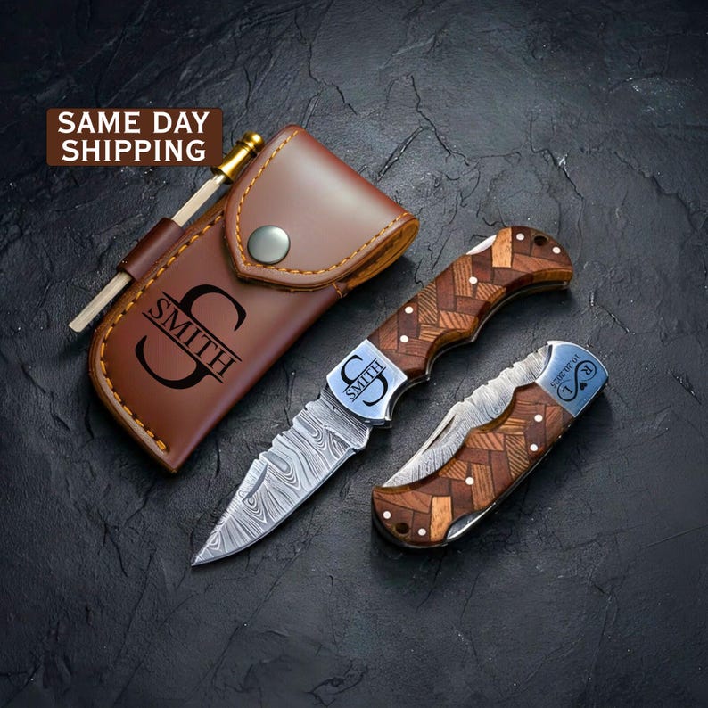 Handmade Damascus Pocket Knife, Father's Day Gifts Groomsmen Gift Anniversary Gift for men Husband Gift Personalized Graduation Gift for Him image 1