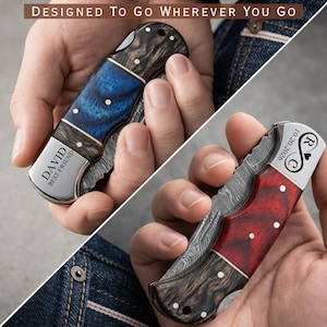 May include: Two folding pocket knives with wooden handles and metal blades. One knife has a blue handle with the inscription "DAVID BEST FRIEND". The other knife has a red handle with the inscription "10.20.2026". The text "DESIGNED TO GO WHEREVER YOU GO" is at the top.