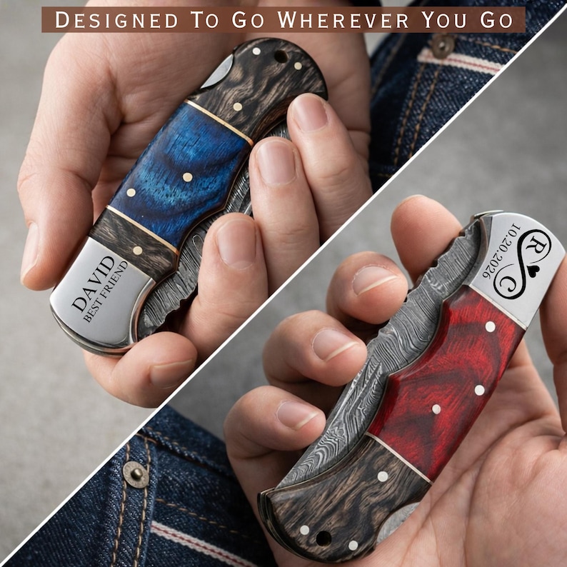 May include: Two folding pocket knives with wooden handles and metal blades. One knife has a blue handle with the inscription "DAVID BEST FRIEND". The other knife has a red handle with the inscription "10.20.2026". The text "DESIGNED TO GO WHEREVER YOU GO" is at the top.