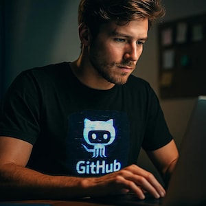 May include: A black t-shirt featuring the GitHub logo, a stylized cat-like creature with the word "GitHub" below it. The image shows a person wearing the shirt while working on a laptop.