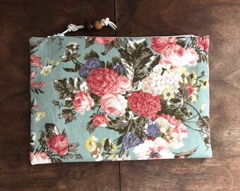 Upcycled Blue Floral Zipper Pouch with White Leather Tie