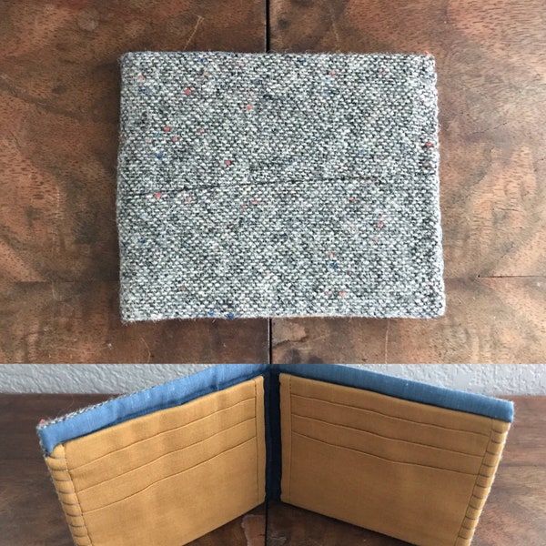 Grey Speckled Wool Bifold Mens Wallet with Blue and Saffron Yellow Interior