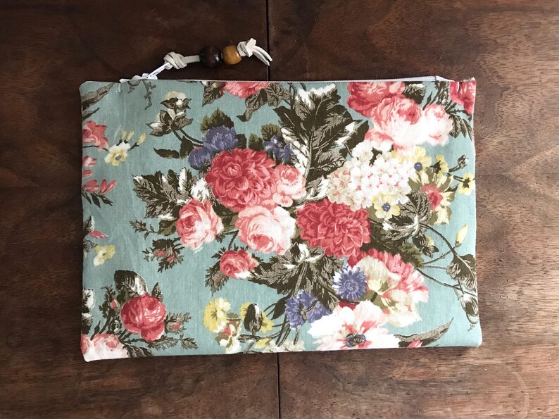 Upcycled Blue Floral Zipper Pouch with White Leather Tie