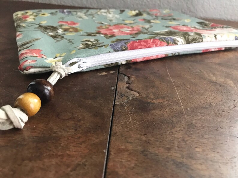 Upcycled Blue Floral Zipper Pouch with White Leather Tie