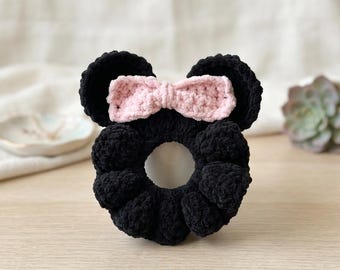 Handmade Crochet Mouse Ears Scrunchie, Pink Bow Velvet Hair Tie, Cute Theme Park Hair Accessory, Disney Inspired Gift for Her, Coquette Hair