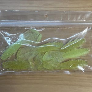 May include: A clear plastic resealable bag containing several lime green, glittery, soft plastic fishing lures. Each lure features a segmented body with a paddle tail and small side appendages, designed for use as bait in various fishing applications.