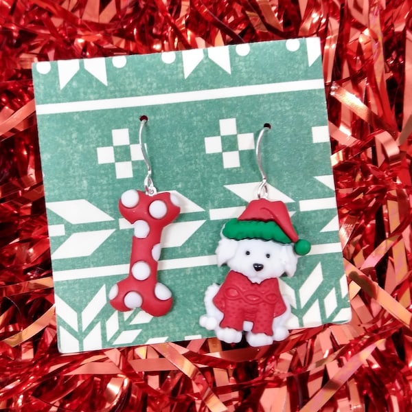 santa dog earrings, christmas earrings, dog earrings, santa earrings, santas sled, gift for mom, gift for wife, secret pal gift