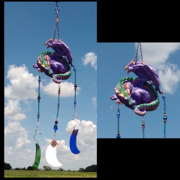 Purple dragon and crescent moon stained glass wind chime garden ornament handmade in the USA - Gift for mom, dad, wife, sister, daughter