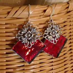 Red ripple mirror glass stained glass earrings brockus creations