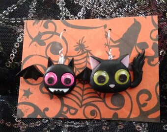 Cat jewelry, cat earrings, bat jewelry, bat earrings, Halloween cats, Halloween bats, Halloween earrings, Halloween jewelry, goth earrings