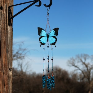 Blue butterfly wind chime for home and garden. Gift for memorial, sympathy, butterfly lover, mothers day, housewarming