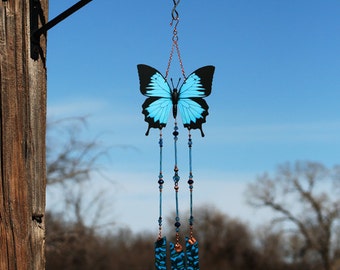 Blue butterfly wind chimes for your home and garden. Beautiful gift for memorial, sympathy, butterfly lover, mothers day, or housewarming